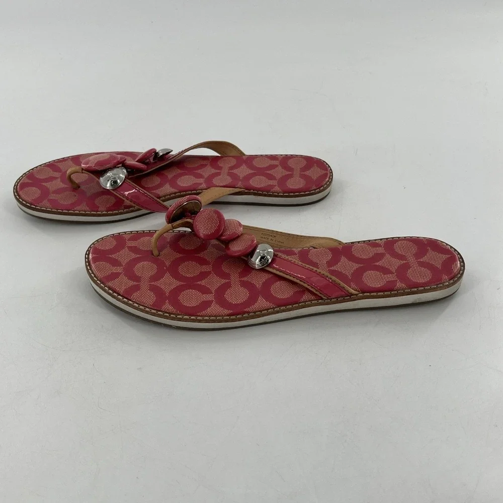 Coach Womens Signature Coated Canvas‎ Flip Flop Thong Patent Button Melon 8.5